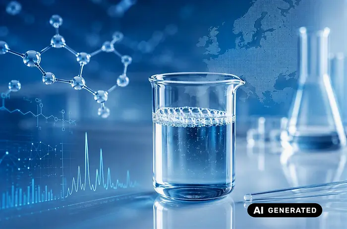 
There is a beaker full of a liquid in the foreground, a stylized representation of a molecule and a map of Europe are shown in the background.
